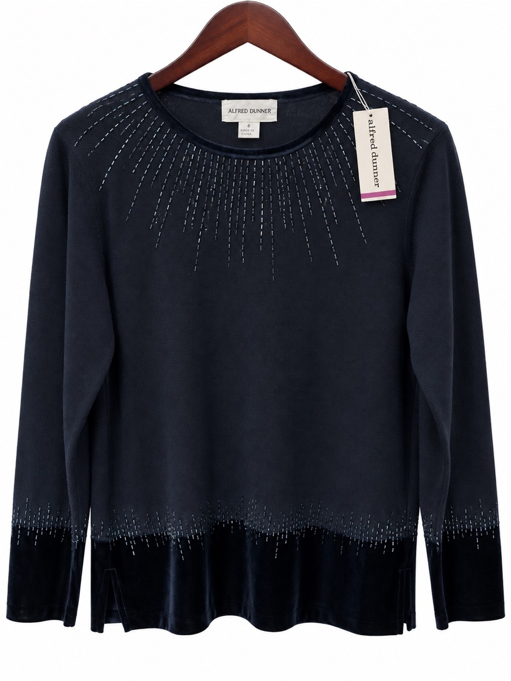 Alfred Dunner Navy Blue Embellished Long-Sleeve Dress Top Velvet Trim Size 6